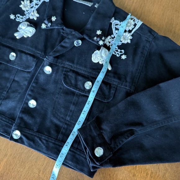 Vintage Bedazzled Denim Jacket Girl Medium 8/10 Black 90s Western Y2K Jean Bling - Picture 11 of 12